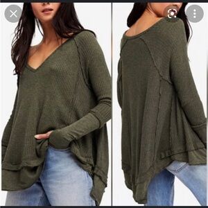 Free People Olive Green Waffle Knit Sweater
